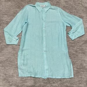 Bloomingdale's Shirt Womens Large Aqua Blue Silk Linen Button Down Sheer Tunic
